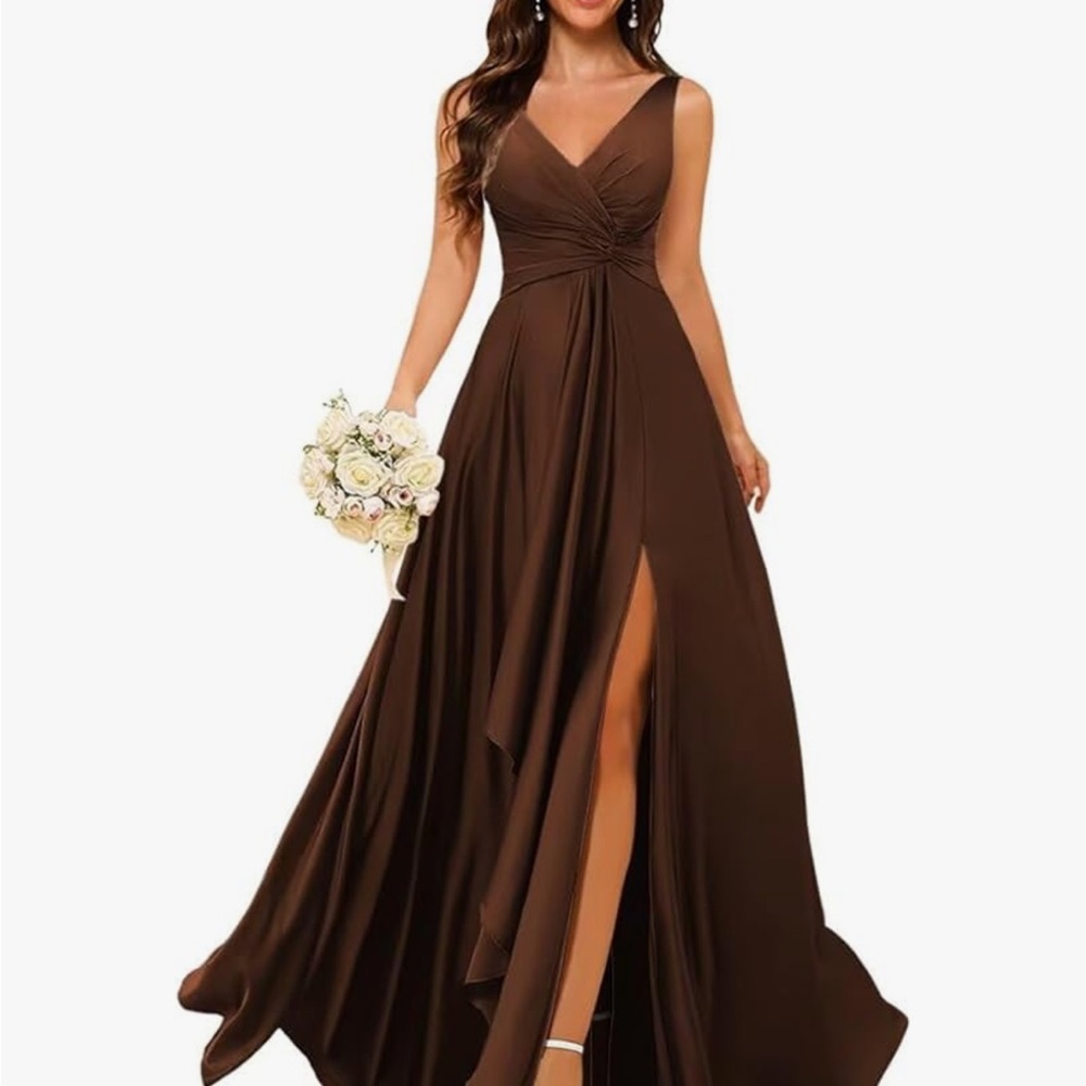 Source Unknown Brown Ruched V-Neck Gown- Bridesmaid dress